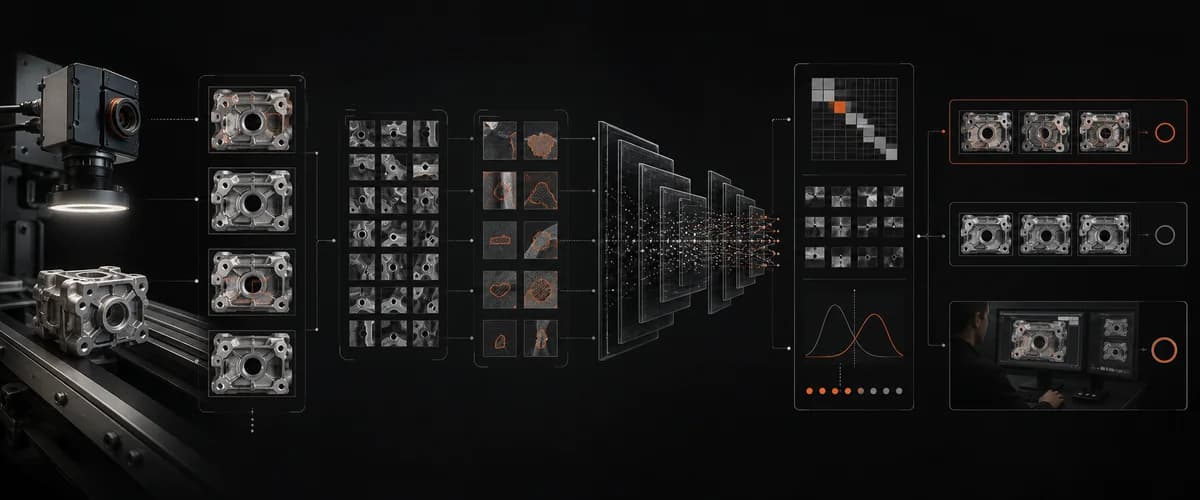 Illustrative computer vision pipeline showing image capture, annotated training data, model evaluation, and human verification