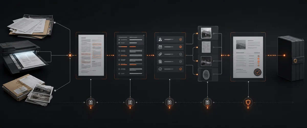 Illustrative document intelligence workflow showing controlled extraction, review, evidence linking, and a traceable record