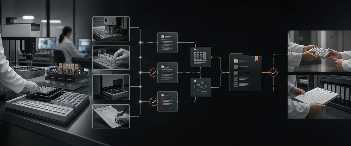 Illustrative laboratory operations workflow showing samples, instruments, structured records, validation, and handover